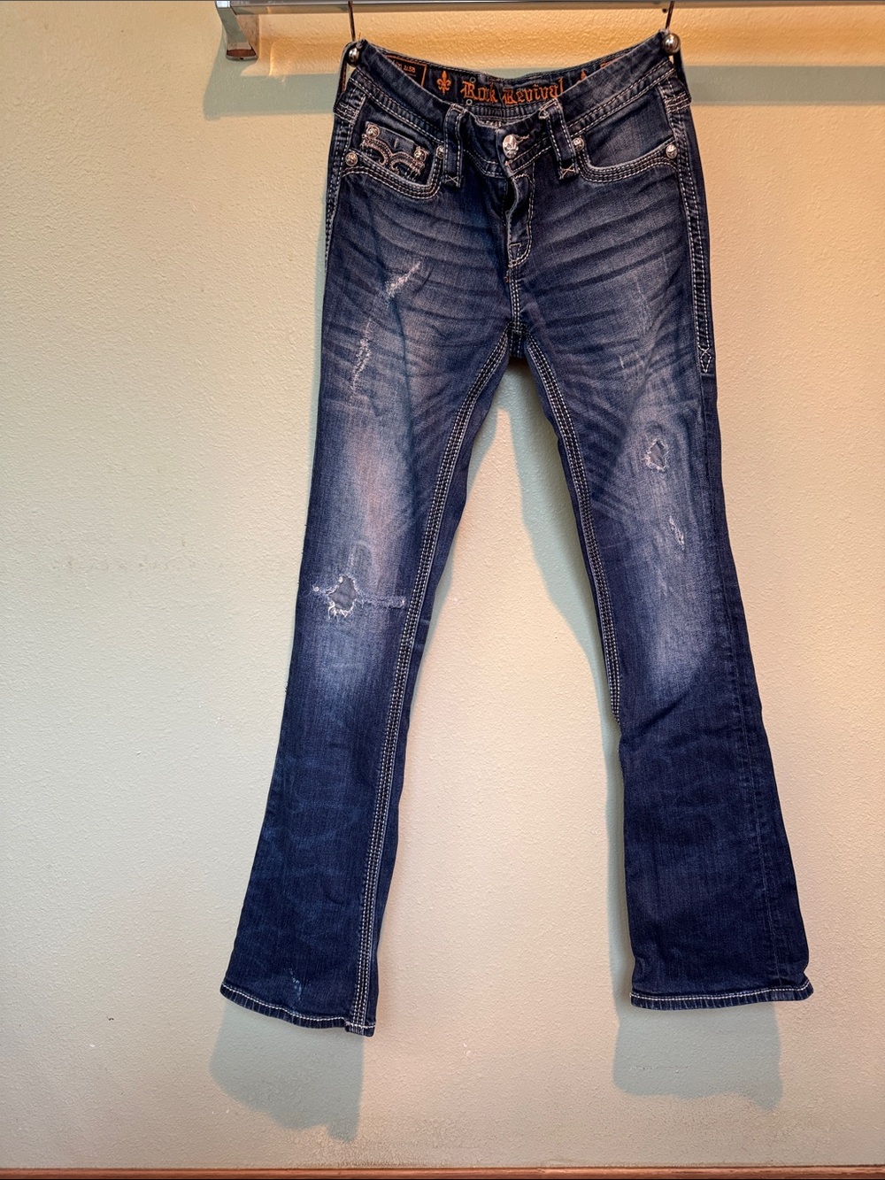 Rock Revival Dark Blue Flare Jeans with Distressed Detail 32in length